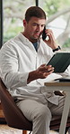 Remote work, phone call and man with tablet for feedback, client review and firewall software project. Scroll, explain system and person with tech for security program development, freelancer or home
