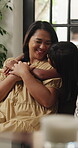 Hug, smile and relax with mother and daughter in family home for bonding, connection and love. Happy, weekend break and support with woman and child in living room of apartment for care and comfort