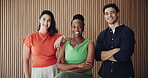 Creative, happy and face of team in office for journalism, career development and about us pride. Laughing, journalists and people with arms crossed at agency for news reporting, experience or growth