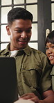 Laptop, smile and relax with father and child on sofa for streaming service, movie choice and education show. Film subscription, bonding and online kids series with man and daughter in family home