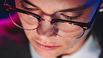 Above, programmer and woman in office, glasses for clear vision and software update. Coding, professional and person in workplace, eyewear and reflection with online reading, algorithm and research