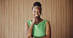 Portrait, happy and black woman in office with creative job, marketing startup or career development. Space, female person and smile in workplace with advertising employment, confidence and about us.