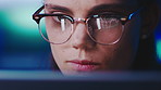 Night, woman and glasses in workplace with tech, data analysis or monitor stock market for investment. Late, person and spectacles in office with reflection, crypto trading graphs and research stats.