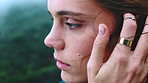 Wind, relax and woman outdoor with thinking on holiday, weekend trip or getaway with relax. Memory, idea and female person with breeze in hair for break, vacation or travel in nature with mindfulness