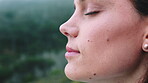 Thinking, calm or woman outdoor with fresh air, past memory or mindfulness on weekend break. Reflection, space or female person in nature with mindset, breathing or peaceful perspective in free time.