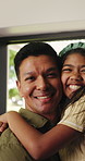 Laugh, hug and face of dad with child for connection, relationship and bonding for family weekend. Smile, happy and portrait of father with girl in embrace for affection, support and trust in home