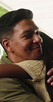 Happy, hug and dad with child in home for comfort, relationship and bonding for family connection. Parenting, love and father with girl in embrace for affection, support and security in living room