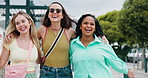 Friends, walking and women with vacation, happiness and bonding together for reunion. Outdoor, holiday and people in street, embrace and journey for destination, laughing for joke, smile and travel