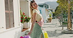 Face, turning and shopping bags with happy woman on sidewalk in city for energy or satisfaction. Deal, retail sale and spin with customer outdoor for celebration of consumerism, discount or purchase