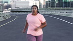 Running, wellness and woman in city, fitness and routine with endurance, cardio workout and practice. Goals, person and athlete in street, training for health benefits and challenge in morning