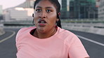 Breathing, earphones and running with woman on bridge in city for cardio training or workout routine. Effort, exercise and music with runner outdoor in urban town for challenge, fitness or pace