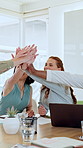 High five, teamwork and business people with celebration, creative agency and support for job success. Achievement, cooperation and group with laptop, funding approval and profit for design project