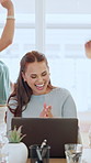 Laptop, clapping and business people in office for meeting with good news of investment approval. Computer, teamwork and financial advisors with manager for applause on finance report in workplace.