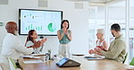 Presentation, investor and business people in meeting, applause and celebration for profit increase. Announcement, financial advisor and employees in office, clapping and charts for investment deal