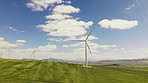 Drone, wind turbine and renewable energy for sustainability,  landscape and eco friendly environment. Empty, nature and ecology for power, recycling or countryside for carbon footprint and windfarm