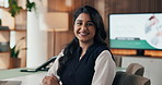 Happy, office and face of business woman for finance advisor, investor career and ambition. Professional, boardroom and portrait of person at desk for financial review, consultant job and pride