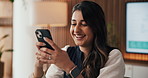Woman, phone and laugh in office with feedback, annual report and problem solving for business. Creative, project management and idea in event agency with decision, brainstorming solution and typing