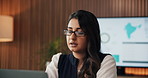 Stress, woman and headache with laptop in office for data mistake, modeling error and workload. Graphs, financial analyst and frustrated with tech for metrics inconsistency, migraine and overwhelmed