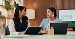 Meeting, business and women with annual report on tech for financial review, company growth and planning. Collaboration, team and people on laptop for finance trends, budget proposal and performance