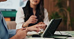 Meeting, tablet and hands with business people in office for budget review, investment and advice. Annual treasury report, planning and online portfolio feedback with employees in finance firm