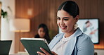 Woman, tablet and smile in office with reading, email response and problem solving for business. Creative, coworking and thinking in event agency with decision, brainstorming solution and feedback