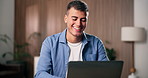 Laughing, freelancer and man with laptop, home office and smile for magazine publication and typing. Happy, journalist and person with humor for funny article, creative and editing with tech in house