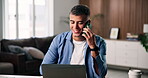 Phone call, talking or man with laptop for remote work, site feedback or homepage optimization plan. Home, web traffic growth or seo specialist with tech for smile, freelancer or explain backlinks