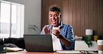 Happy man, laptop and winning with applause in home for bonus, celebration or achievement. Excited, male person or clapping with smile or fist pump on computer for success or promotion in house