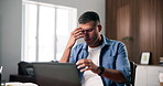 Man, laptop and stress with remote work from home with mistake, rejection or frustrated with job. Person, computer and freelance writer with computer, glitch or error with project review at apartment