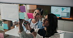 Meeting, sticky notes and business women by glass for finance strategy, brainstorming and solution. Problem solving, teamwork and people with reminder for financial report, budget and writing agenda