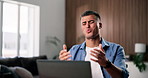 Man, laptop and mistake with remote work from home with stress, rejection or frustrated with job. Person, computer and freelance writer with feedback, glitch or error with project review at apartment