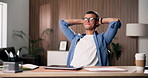 Paperwork, stretching and man with laptop for remote work, proposal submission and relax for done project. Freelancer, rest and happy person with task completion in home, computer and finished report