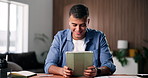 Man, research and remote work in home with tablet, browsing website or planning for news publication. Freelance writer, person and proofreading in apartment with tech, review online media or article.
