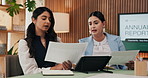 Meeting, documents and business women with annual report for finance review, growth and planning. Collaboration, team and people on tablet for financial analysis, budget proposal and performance