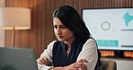 Business, woman and stress with laptop in office for data mistake, modeling error and workload. Graphs, financial analyst and frustrated with tech for metrics inconsistency, finance risk and pressure