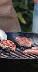 Food, barbecue and hands of people with meat for social gathering, party and hangout together in summer. Fire, cookout and steak with flames for bbq for holiday, celebration and reunion on weekend