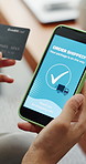 Credit card, success and hands of woman with phone screen for shipping order, purchase and payment. Home, ecommerce and person on smartphone with online shopping, transaction and check for sale