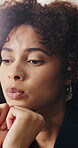 Thinking, anxiety and woman in house with nostalgia, confused mindset or mistake in wrong decision. Sad, past memory or African person with reflection, questioning emotion or stress in home.