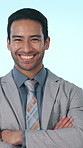 Business, laugh and face of man in studio with crossed arms for career, ambition and confidence. Professional, entrepreneur and portrait of happy person for financial advisor on blue background