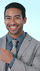 Happy, face and businessman with presentation in studio, laugh and confident for job recommendation. Blue background, humor and person with career opportunity, ok and marketing with wink in Thailand