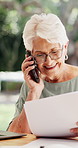 Old woman, phone call and happy with documents in home with advice for financial review in retirement. Senior person, smile and smartphone with talk, admin and contact for pension income at house