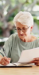 Elderly woman, writer and reading with document outdoor for story, copywriting or journalism. Senior, female person or author with research and novel for fantasy, perspective or literature in house