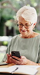 Typing, smile and phone with old woman in home for retirement annuity, contact and research. Pension fund review, communication and asset report with senior person in backyard for account policy