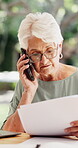 Documents, talk and phone call with old woman in home for retirement annuity, contact and research. Pension fund review, paperwork and asset report with senior person in backyard for account policy