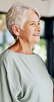 Smile, thinking and senior woman in home for peace, calm and daydreaming in retirement. Reflection, happiness and elderly person in apartment with memory, nostalgia or positive mindset for view