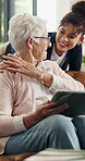 Nurse, hug and tablet with old woman on sofa for support, insurance update and healthcare schedule. Medical survey, online cover review and caregiver with senior person in living room of home