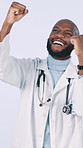 Fist pump, doctor and face of black man in studio for insurance approval, success and good news. Healthcare, excited and portrait of person for promotion, win and achievement on white background