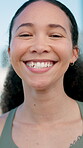 Fitness, laughing and face of woman in city for runner workout, health and athlete practice. Wellness, confidence and challenge with portrait of person outdoor for training, exercise and funny joke