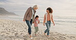 Holding hands, walk and generations with family at beach for support, summer vacation and bonding. Travel holiday, connection and grandmother with mom and child outdoor for love, talk and care