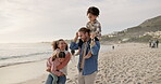 Walking, smile and love with family at beach for support, summer vacation and bonding. Travel holiday, connection and trust with parents and children outdoor for getaway trip, explore and care